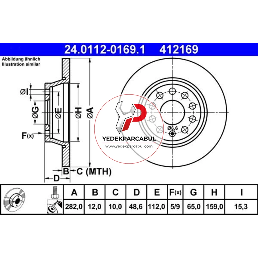 ATE Arka Düz Fren Diski 286x12 mm