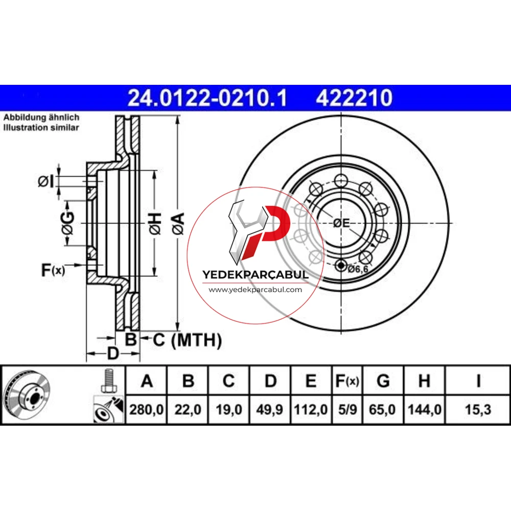 ATE Ön Fren Diski Havalı 280x22 mm