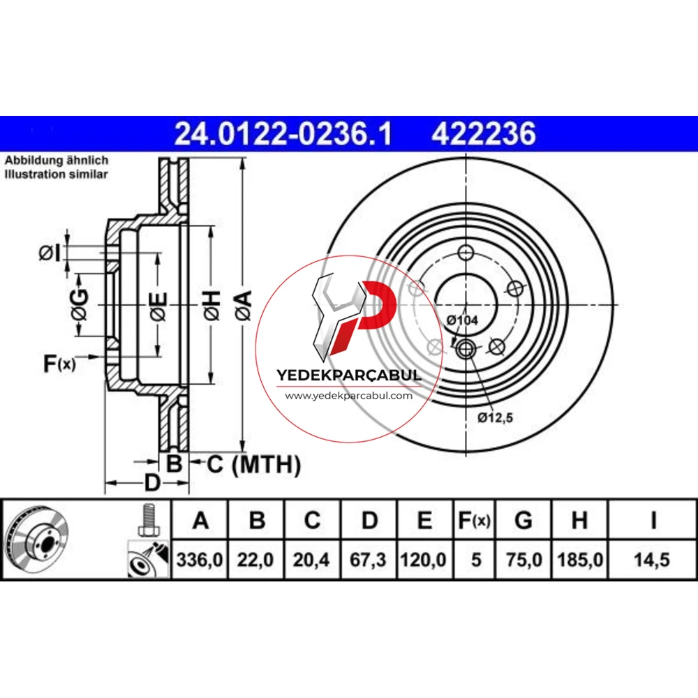 ATE Arka Havalı Fren Diski 336x22 mm