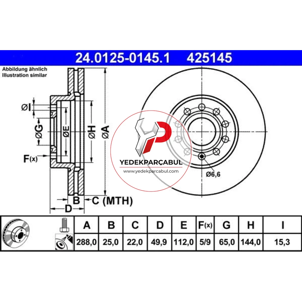 ATE Ön Boyalı Havalı Fren Diski 288x25 mm