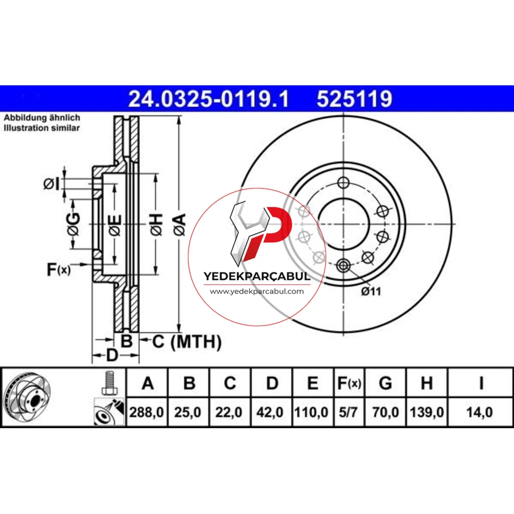 ATE Ön Fren Diski Havalı 287,8×25 mm